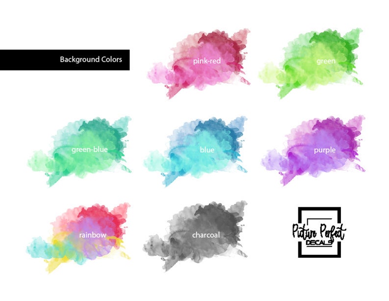 K&ouml;nnte beinhalten: Grafik mit Aquarellfarbmustern in verschiedenen Farben, darunter Pink-Rot, Gr&uuml;n, Blau, Lila und Regenbogen. Jedes Muster ist mit seinem entsprechenden Farbnamen beschriftet. Der Text "Background Colors" steht oben.