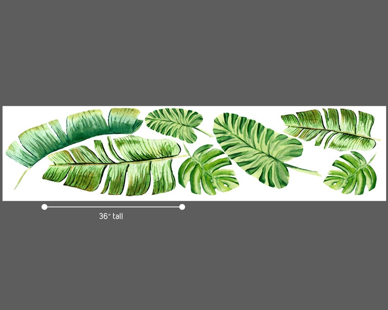 May include: Watercolor illustration of tropical leaves in shades of green and yellow. The leaves are arranged on a white background and are 36 inches tall. The image features various leaf shapes, including banana leaves and monstera leaves.