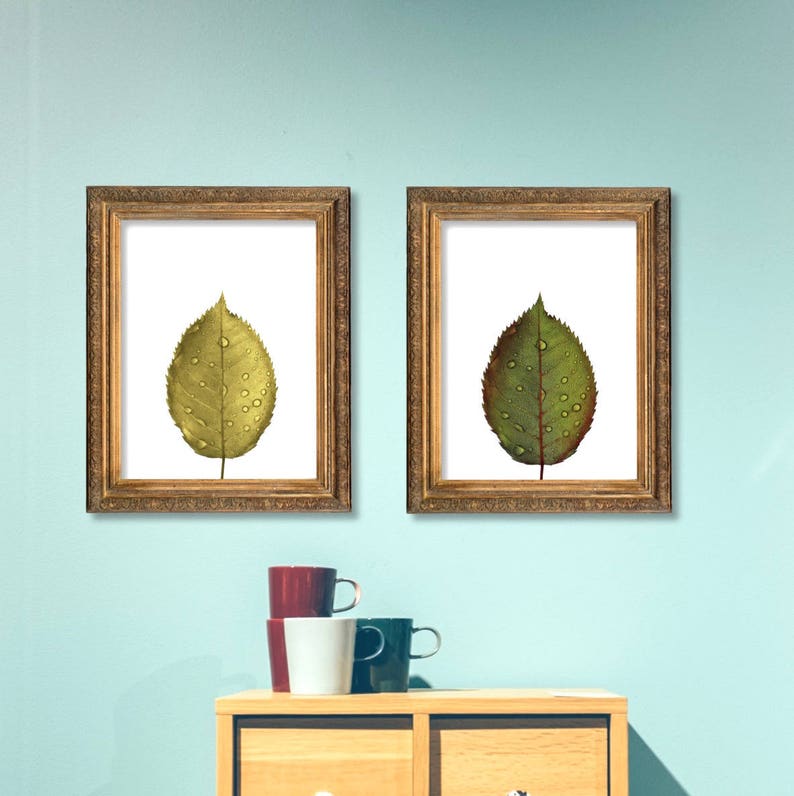 Gold Leaf Wall Art. Green Leaf Poster. Four JPG Files. Printable Wall