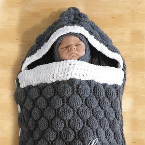 Beautiful Baby cosy warm balloon stitch sleeping bag and hat crochet pattern  UK terms skill level imtermediate