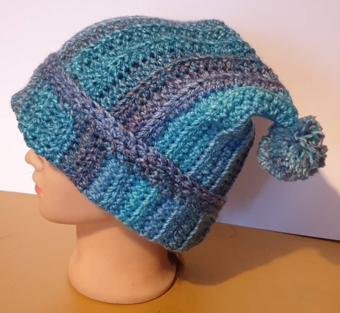 Crochet Blue Square Beanie With Pom Poms Etsy