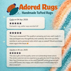 May include: A digital graphic for Adored Rugs Handmade Tufted Rugs featuring three customer reviews with five-star ratings. The text includes feedback from Cody, Yuliya, and an anonymous reviewer praising the rug quality, packaging, and service.