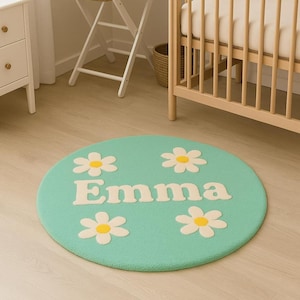 Custom Name Kids Rug Mint Daisy – Personalized Round Nursery Carpet, Baby Shower Gift, Soft Rug for Baby Girl or Toddler Room Decor