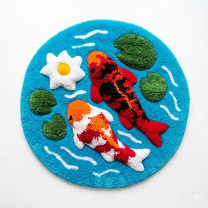 May include: A circular tufted rug featuring a bright blue water background with white ripple accents. The design includes two koi fish, one primarily red and black and the other white, orange, and red, alongside a white flower and green lily pads.