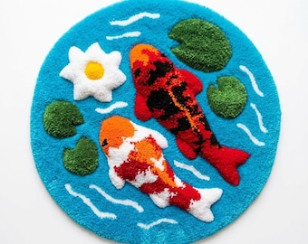 Zen Koi Pond Hand Tufted Rug, Japanese Lotus Flowers Garden Decor