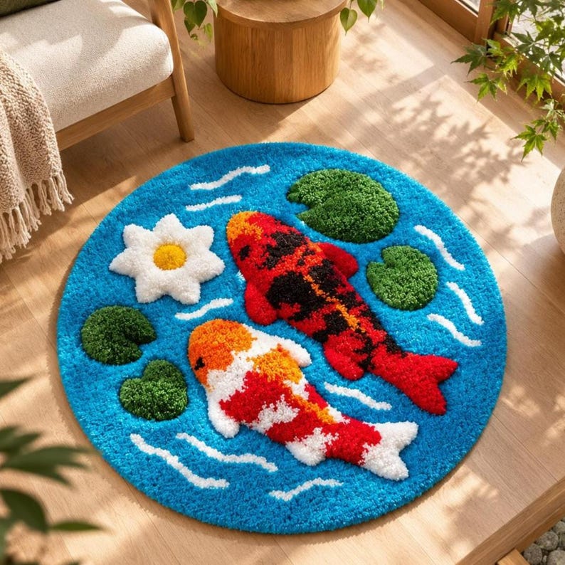 May include: A round tufted rug featuring a bright blue background with white wavy lines representing water. The design includes two koi fish, one primarily red and black and the other orange and white, alongside a white flower and green lily pads.
