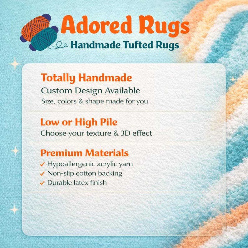 May include: A promotional graphic for Adored Rugs featuring handmade tufted rugs. The text highlights custom designs, low or high pile options, and premium materials including hypoallergenic acrylic yarn, non-slip cotton backing, and a durable latex finish.