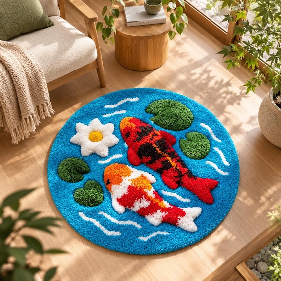 Koi Pond Rug, Handmade Koi Fish Rug, Japanese Garden Decor, Koi Pond Home Decor, Tufted Water Garden Rug
