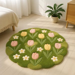 Round Moss Rug with Flowers – 3D Tufted Carpet – Handmade Nature-Inspired Floor Mat – Soft Green Cozy Boho Decor
