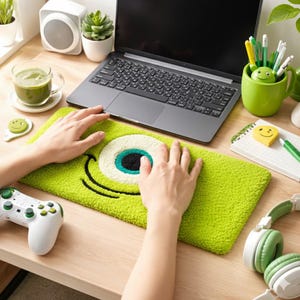 May include: A rectangular lime green tufted keyboard wrist rest featuring a large central white eye with a teal iris and black pupil, along with a black stitched smile. The soft, textured surface provides support for typing in front of a laptop.