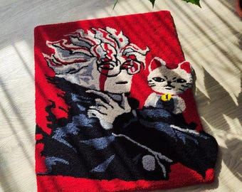 May include: A red rug featuring a stylized illustration of a person with glasses and a cat. The person has white and gray hair and is wearing a black coat. The cat is gray and white with a yellow collar. The rug is a decorative item.