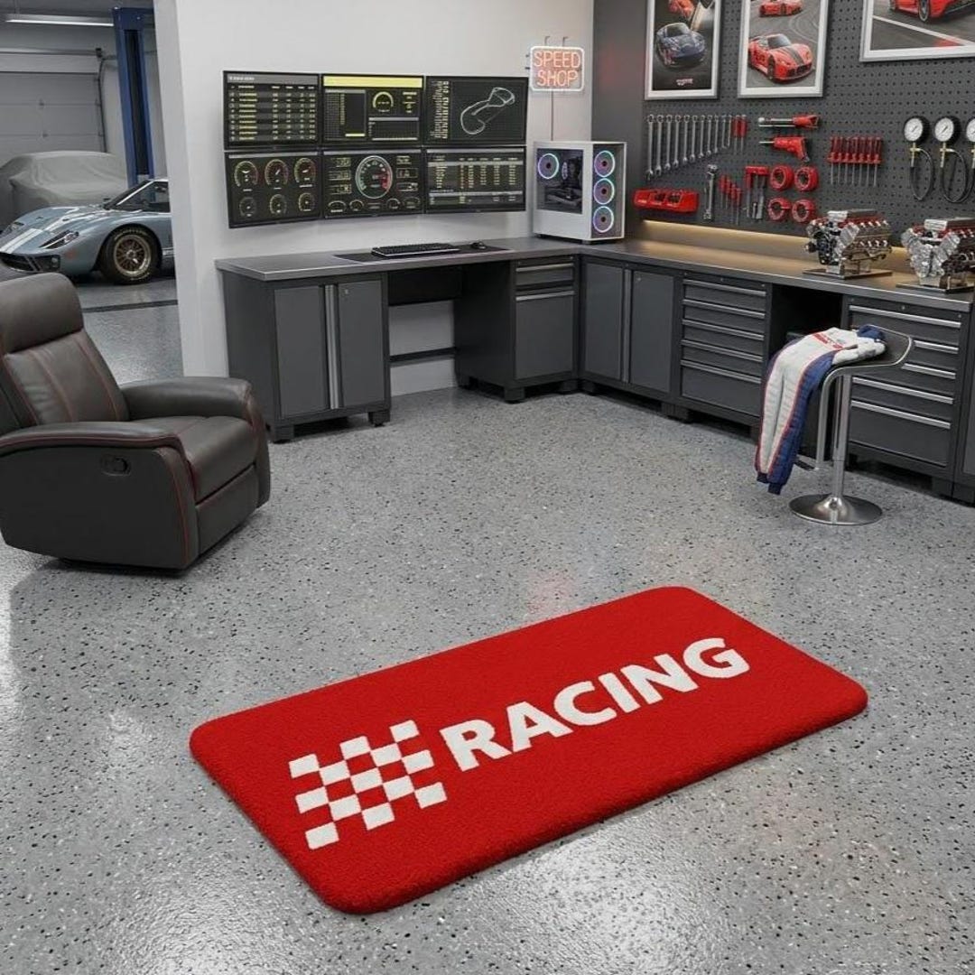 Gift for Car Guy – Red Racing Tufted Rug – Garage Decor for Him ...