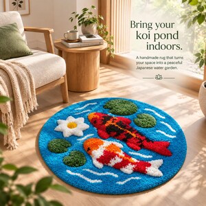 May include: A round, tufted rug featuring a bright blue water background with two koi fish, one red and black and one orange and white, surrounded by white water lily flowers and green lily pads. The text reads: Bring your koi pond indoors.