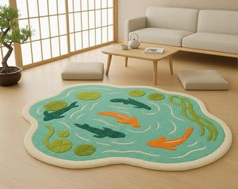 Koi Pond Tufted Rug – Aqua Blue Japandi Nature Accent Rug with Fish & Lily Pads