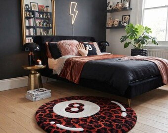 8 Ball Leopard Rug, Bold Animal Cheetah Print Tufted Rug, Edgy Bedroom Decor, Black Brown Statement Rug