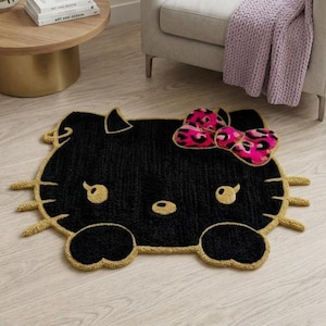 Black Cat Devil Tufted Rug - Handmade Kitty Inspired Gothic Decor - Pink Leopard Bow Custom Area Rug - Emo Aesthetic Room Decor - Small Rug