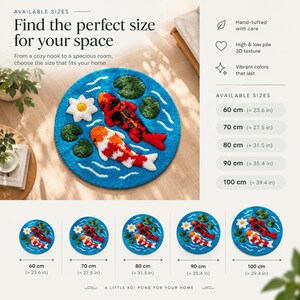 May include: A round, hand-tufted rug featuring a blue koi pond design with two koi fish, white water lilies, and green lily pads. The rug is available in diameters of 60 cm, 70 cm, 80 cm, 90 cm, and 100 cm, showcasing a high and low pile 3D texture.