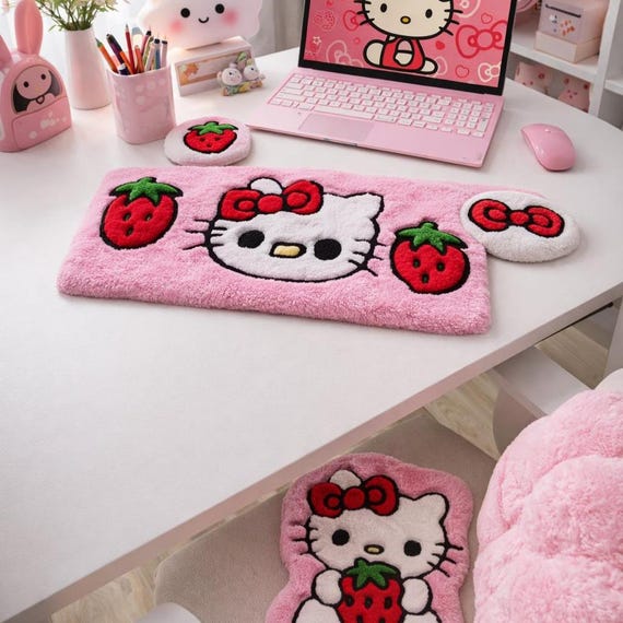Hello Kitty Keyboard Rug Desk Set - Kawaii Strawberry Wrist Rest