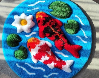 Koi Fish Rug – 3D Optical Illusion Tufted Rug for bedroom – Japanese Zen Home Decor – Textured Nature Inspired Carpet