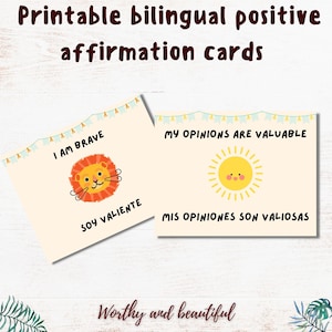 Afirmações positivas bilíngues para impressão para crianças, cartões de afirmações positivas em espanhol, cartões de incentivo em espanhol para crianças