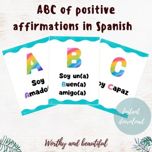 Spanish ABC of positive affirmation cards, printable positive affirmations for kids, encouragement cards in Spanish, self-motivation cards