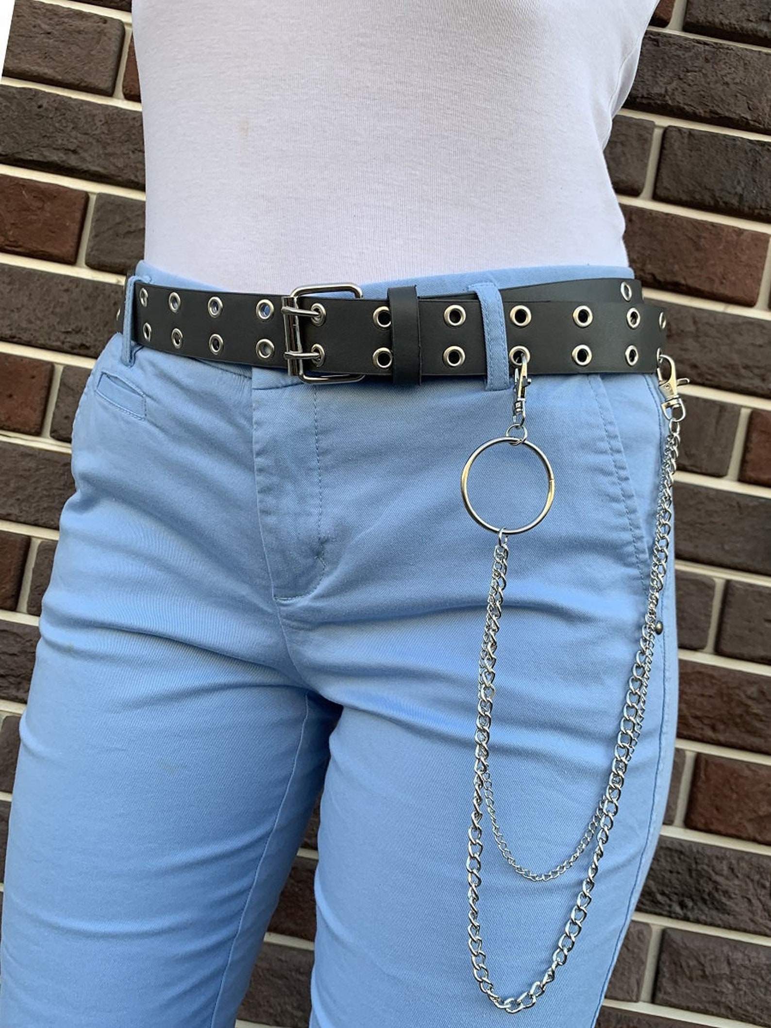 Black Leather belt Grommet belt Chain belt Belt for woman Belt Etsy