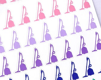 Puede incluir: Una hoja de pegatinas de aspiradoras de colores en rosa, morado, azul, verde y azul claro. Las pegatinas están dispuestas en filas y son perfectas para añadir un toque de diversión a tu agenda o diario.
