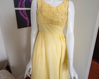 1960s yellow party dress | short pleated skirt with crinoline | soutache ribbon bodice and rhinestones | vintage, elegant XS