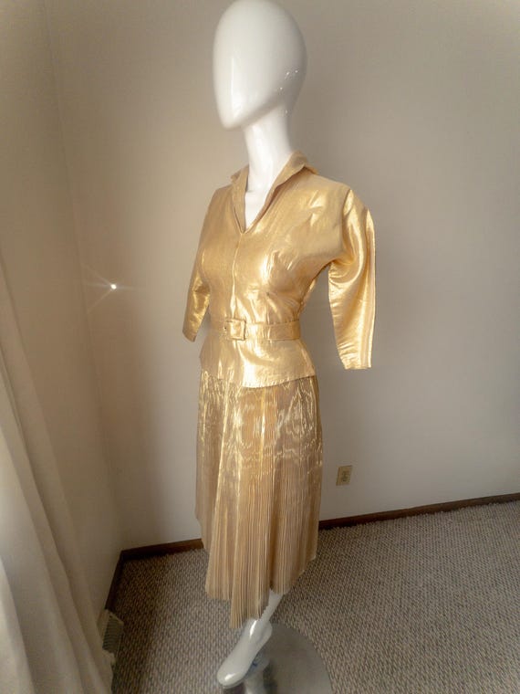 1950s Anita Bari New York Lamé Collared Blouse Pleated Skirt Set