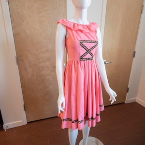 Neon pink &#39;70s folk dress | Vintage A-line midi with ruffle neckline | Bright 1970s fashion