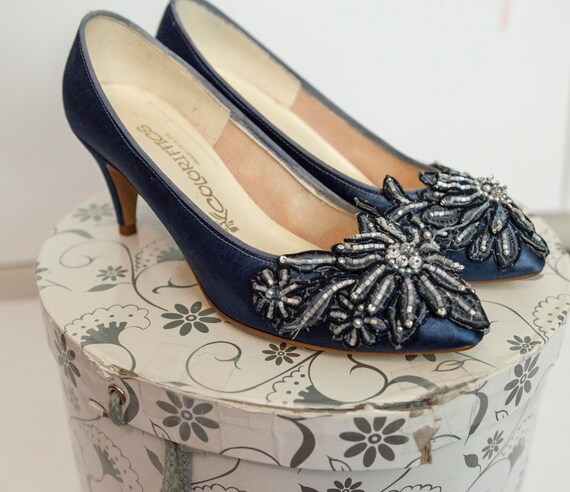 navy blue satin heels