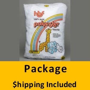 May include: A white bag of polyester fiberfill with a colorful rainbow and cartoon giraffe and elephant design. The bag reads "100% pure polyester fiberfill" and includes the text "Extra Loft, Super Resilient, Non-Allergenic, Washable."