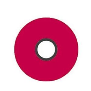 May include: A circular, red object with a black ring and a white center. The object is a solid color and appears to be a graphic design element. The shape is a perfect circle.