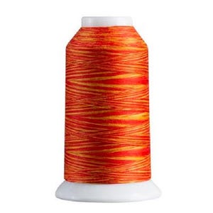 May include: A spool of thread with a white base and top. The thread is a vibrant mix of red and yellow, creating a striped pattern. The thread is tightly wound around the spool.