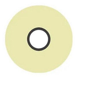 May include: A pale yellow, circular object with a black ring around a central hole. The object is a solid color and appears to be made of a smooth material. The design is simple and minimalist.