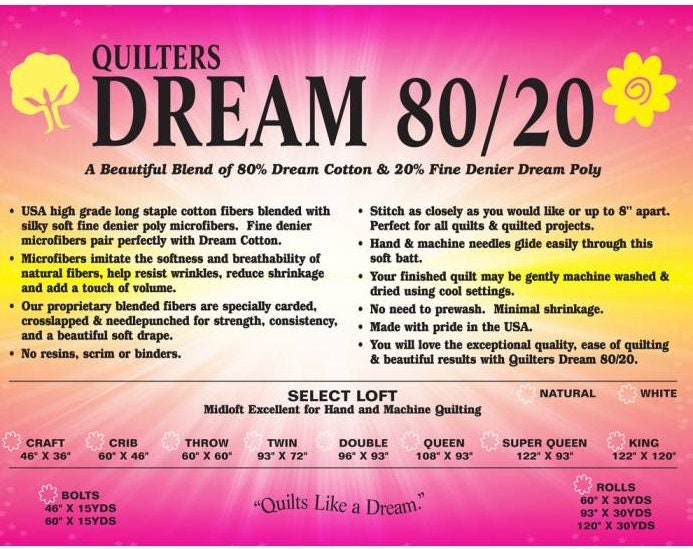 Quilters Dream 80/20 Quilt Batting Twin Size 72 X Etsy
