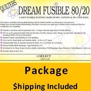 May include: A package of Quilters Dream Fusible 80/20 batting. The package features the product name in large black letters, along with a description of the batting's composition. The package also lists features and benefits, including its softness and suitability for various projects.