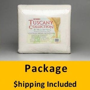 May include: A square package of Hobbs Tuscany Collection Cotton Wool Blend batting. The package is wrapped in clear plastic. The label features text and an image of a horse. The package is sitting on a yellow surface with the words "Package" and "Shipping Included".