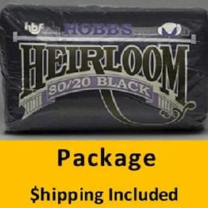 May include: A black package of Hobbs Heirloom 80/20 Black batting. The package has a label with the brand name and product information in white and purple lettering. The package is wrapped in clear plastic.