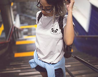 Panda Shirt, Panda T-Shirt, Panda Tee, Cute Women's Tee, Panda Pocket Print Shirt, Panda Bear T Shirt, Panda Face, White Ladies Tee Shirt