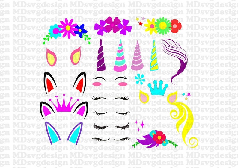 Download SVG DXF Unicorn Set of Flowers Horns Eyelashes Crowns and ...
