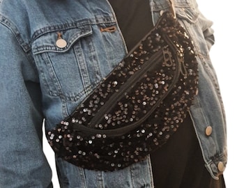 Sac banane, bandouillère en sequin noir, sac à main, paillette, bi-matière