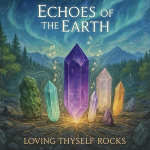 K&ouml;nnte beinhalten: Eine Illustration mit dem Text "ECHOES OF THE EARTH" &uuml;ber einer Sammlung von Kristallen in verschiedenen Farben, darunter Lila, Gr&uuml;n und Gelb. Noten schweben um die Kristalle, mit dem Text "LOVING THYSELF ROCKS" unten.