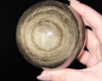 Gold Sheen Obsidian Sphere | 75mm | - #10 (Polished Black Crystal Ball, Root Chakra, Grounding)