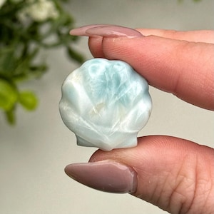 May include: A carved seashell figurine in shades of pale blue and white. The gemstone is held between fingers, showcasing its intricate details and natural patterns. The sculpture is a decorative item.