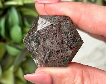 Garden Quartz Hexagon | 14g | - #3 (Polished Green Crystal Carving, All Chakras, Balance)