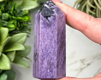 May include: A faceted, purple crystal tower with a dark, textured tip. The crystal is held in a person's hand, showcasing its polished surface and natural variations. The crystal is a decorative item.