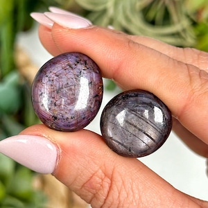 May include: Two polished, oval-shaped gemstones. One is a deep purple with a star-like pattern, the other is a dark gray with subtle striations. The stones are smooth and reflective, showcasing natural variations in color and texture.