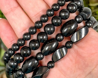 Shungite Beaded Necklace | 6-10mm | - No. 282 (Polished Black Crystal Jewelry, Root Chakra, Grounding)
