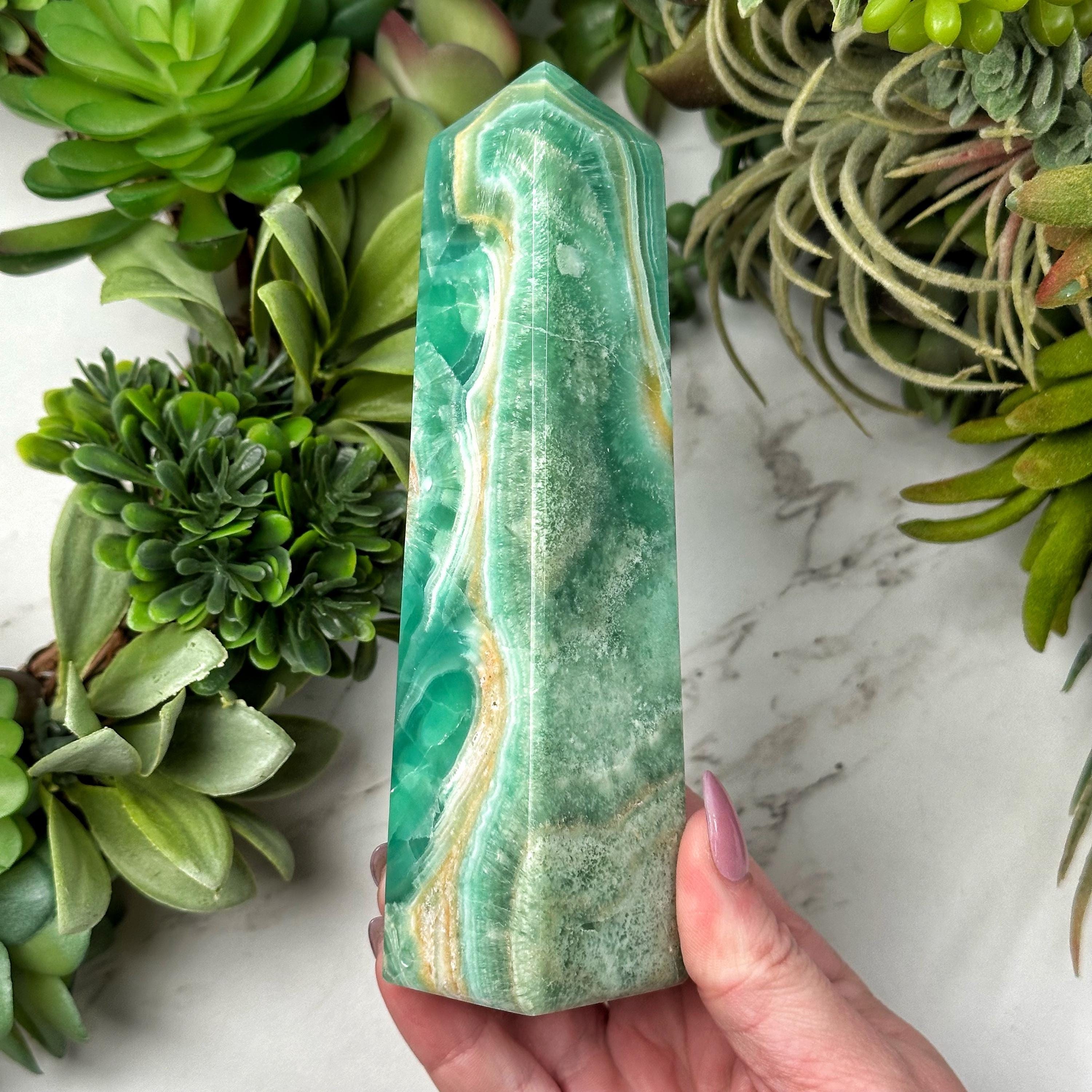 Kiwi Calcite Tower | 369g | - #1 (polished Green Crystal Point